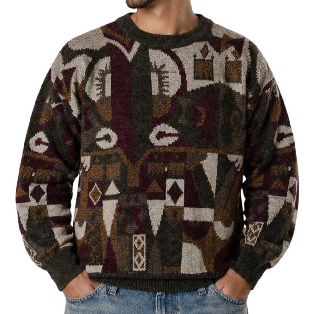 JT Beckett Vintage Mens XLT Abstract Geometric Knit Crewneck Sweater Olive Green